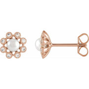 14K Rose Cultured White Freshwater Pearl & 1/8 CTW Natural Diamond Earrings