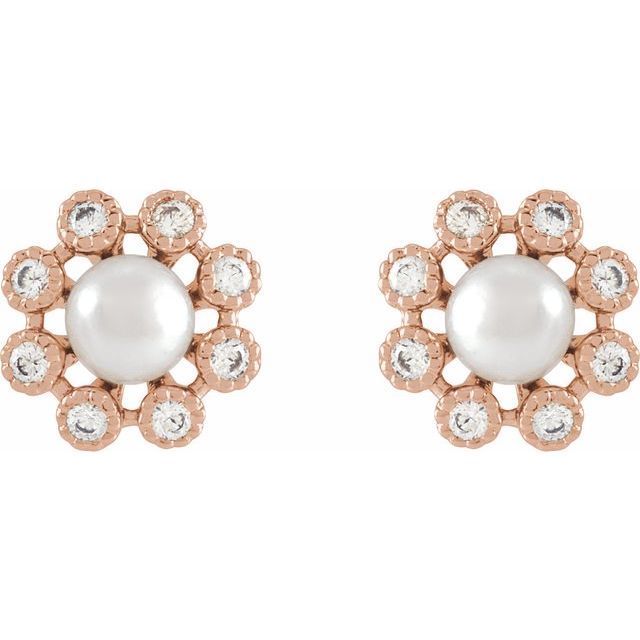 14K Rose Cultured White Freshwater Pearl & 1/8 CTW Natural Diamond Earrings