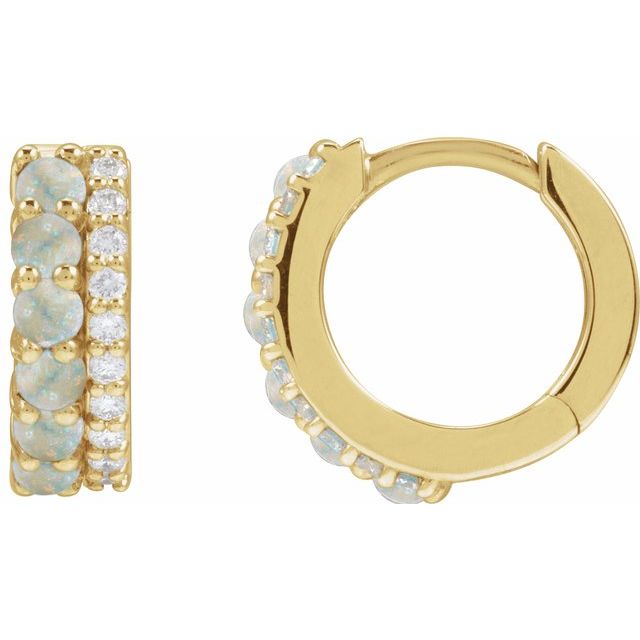 14K Yellow Natural White Opal & 1/8 CTW Natural Diamond Huggie Hoop Earrings