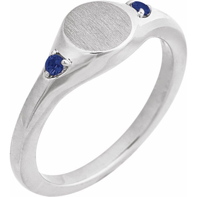 14K White Engravable Lab-Grown Blue Sapphire Signet Ring