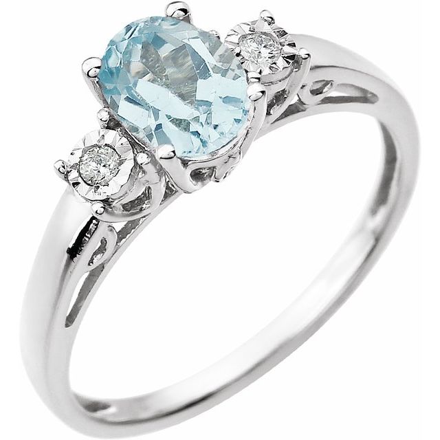 14k White Natural Aquamarine & .04 Ctw Natural Diamond Ring