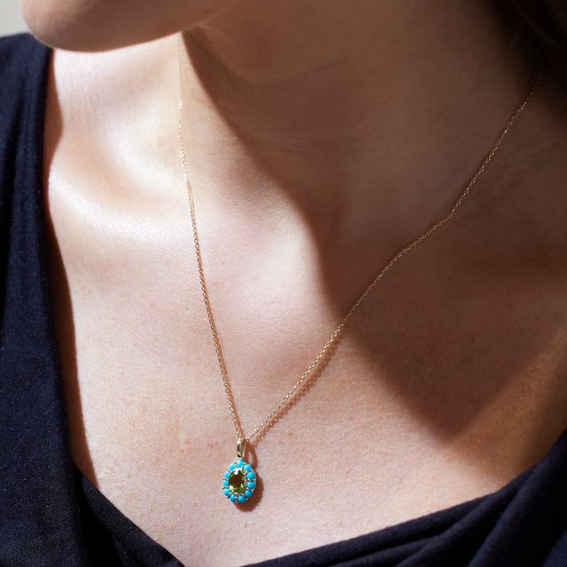 14K Yellow Natural Peridot & Natural Turquoise Halo-Style Pendant