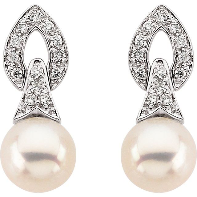14K White Cultured White Freshwater Pearl & 1/6 CTW Natural Diamond Earrings