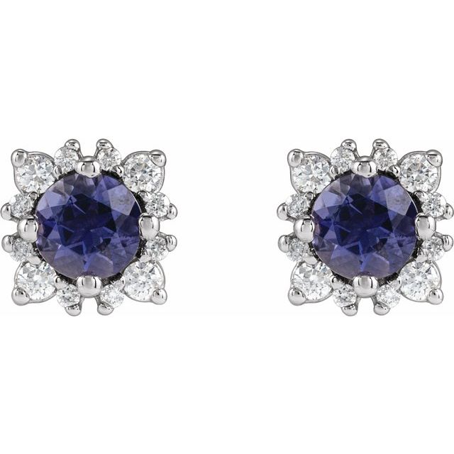 14k White 4 Mm Natural Iolite & 1/6 Ctw Natural Diamond Halo-style Earrings