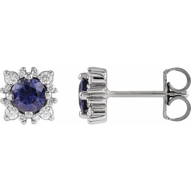 14k White 4 Mm Natural Iolite & 1/6 Ctw Natural Diamond Halo-style Earrings