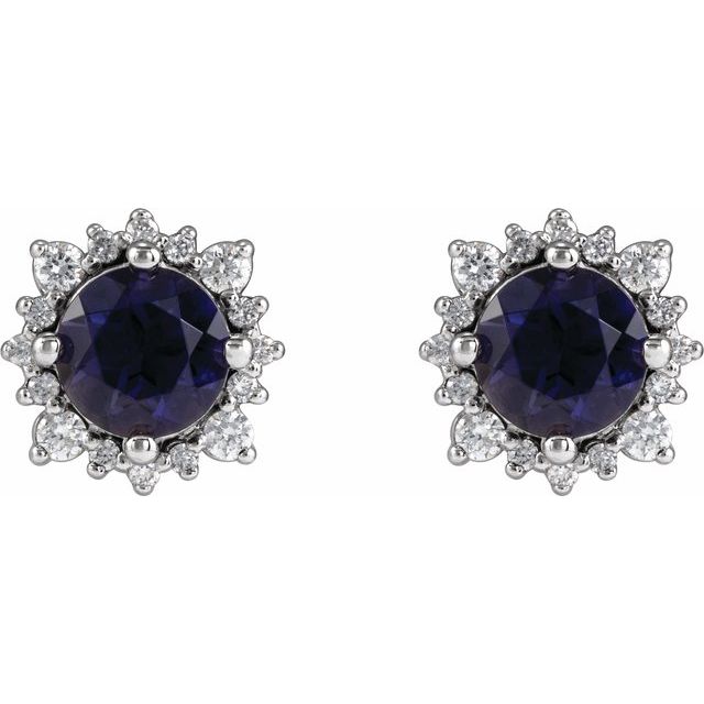 14k White 5 Mm Natural Iolite & 1/6 Ctw Natural Diamond Halo-style Earrings