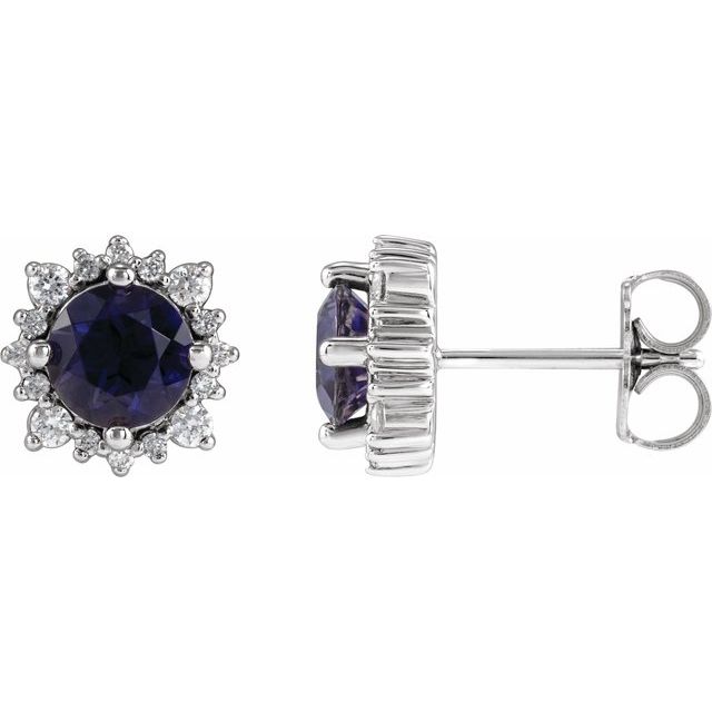 14k White 5 Mm Natural Iolite & 1/6 Ctw Natural Diamond Halo-style Earrings