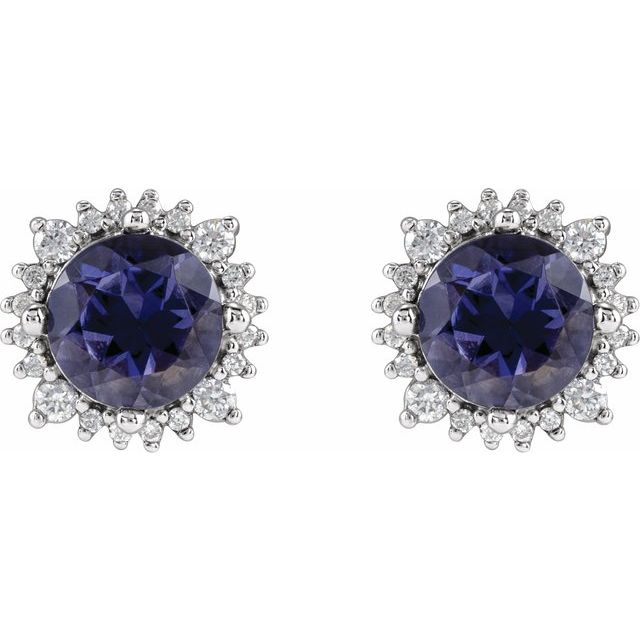 14k White 6 Mm Natural Iolite & 1/5 Ctw Natural Diamond Halo-style Earrings