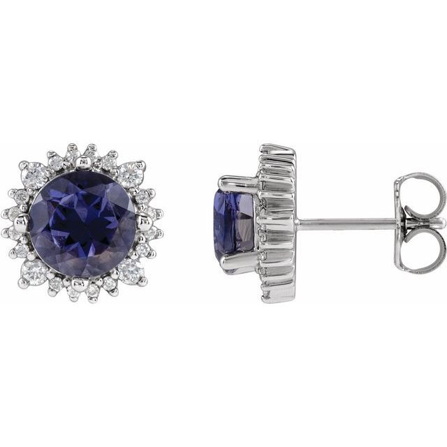 14k White 6 Mm Natural Iolite & 1/5 Ctw Natural Diamond Halo-style Earrings