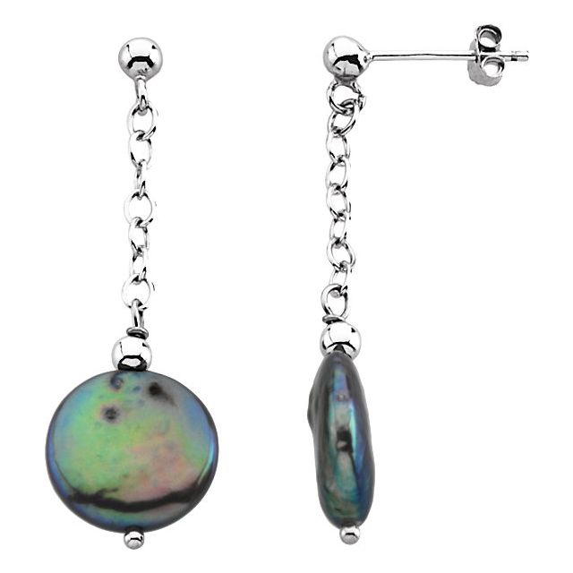 Sterling Silver Cultured Freshwater Black Coin Pearl Earrings