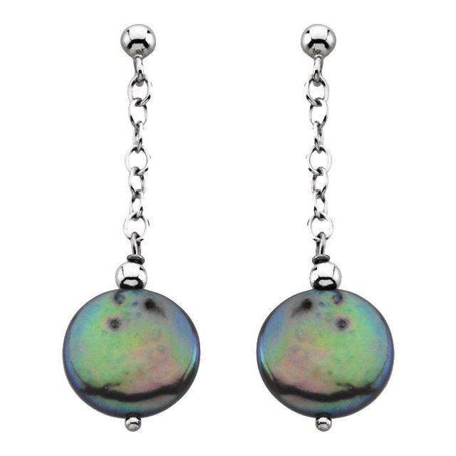 Sterling Silver Cultured Freshwater Black Coin Pearl Earrings
