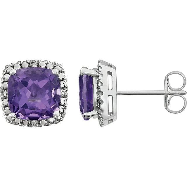 14K White Natural Amethyst & .06 CTW Natural Diamond Earrings