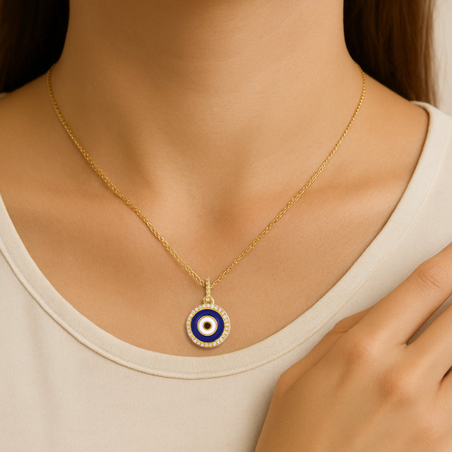 14K Yellow 1/10 CTW Natural Diamond Blue Enameled Evil Eye Pendant