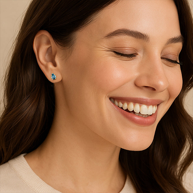 14K Yellow Natural London Blue Topaz 5-Prong Claw Stud Earrings