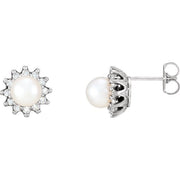 14K White Cultured White Akoya Pearl  & 1/3 CTW Natural Diamond Earrings