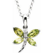14K White Natural Peridot & .02 CT Natural Diamond Dragonfly 18' Necklace