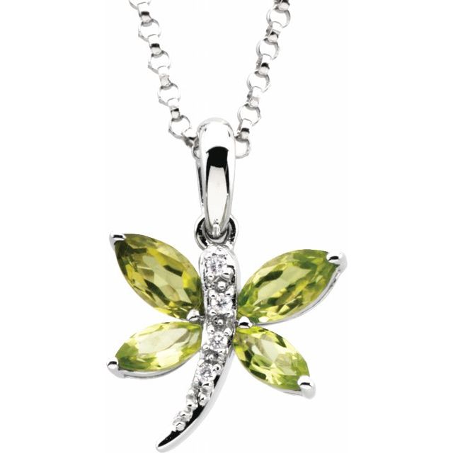 14K White Natural Peridot & .02 CT Natural Diamond Dragonfly 18' Necklace