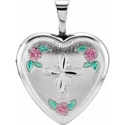 Sterling Silver 21.4x15.8 mm Tri-Color Cross & Roses Locket