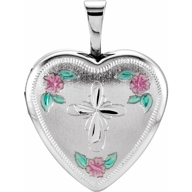 Sterling Silver 21.4x15.8 mm Tri-Color Cross & Roses Locket