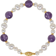 14K Yellow Natural Amethyst & Cultured White Freshwater Pearl 7 1/2' Bracelet