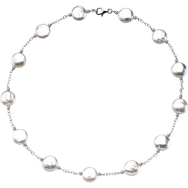 Sterling Silver 12-13 mm Cultured White Freshwater Pearl Coin 18' Necklace
