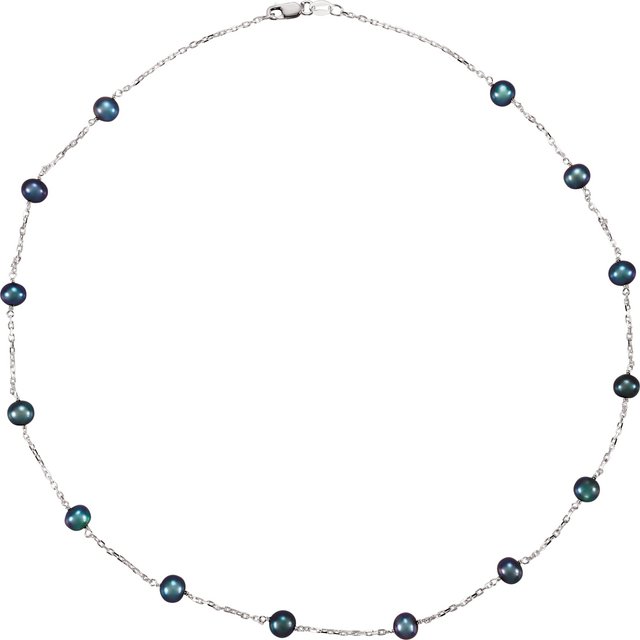 Sterling Silver Cultured Black Freshwater Pearl 14-Station 18' Necklace