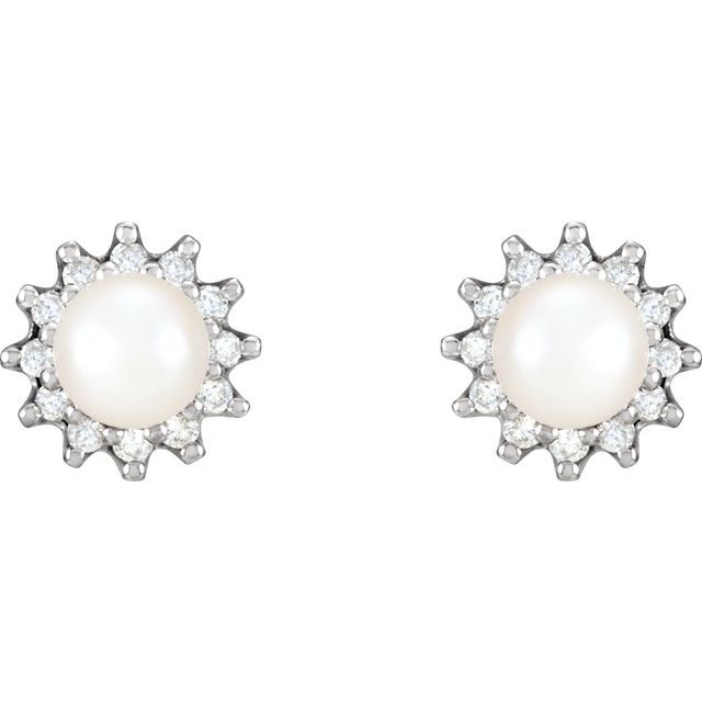 14K White Cultured White Akoya Pearl  & 1/3 CTW Natural Diamond Earrings
