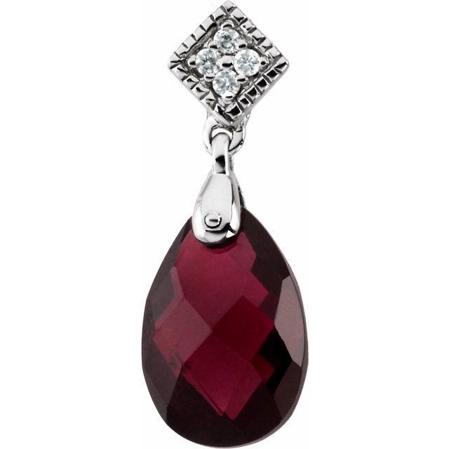 14K White Natural Brazilian Garnet & .04 CTW Natural Diamond Pendant
