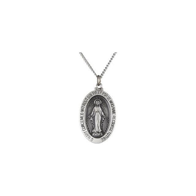 Sterling Silver 29x20 mm Oval Miraculous Medal 24' Necklace