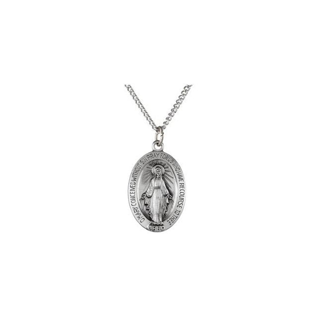 Sterling Silver 28.5x17.75 mm Oval Miraculous Medal 24' Necklace