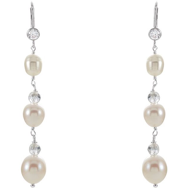 Sterling Silver Cultured White Freshwater Pearl & Imitation Cubic Zirconia Earrings