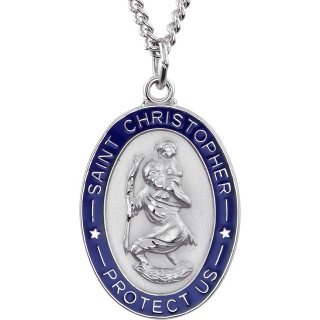 Sterling Silver 26x20 mm Blue Enamel St. Christopher Medal 24' Necklace