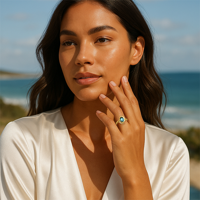 14K Yellow Natural London Blue Topaz & 1/8 CTW Natural Diamond Ring