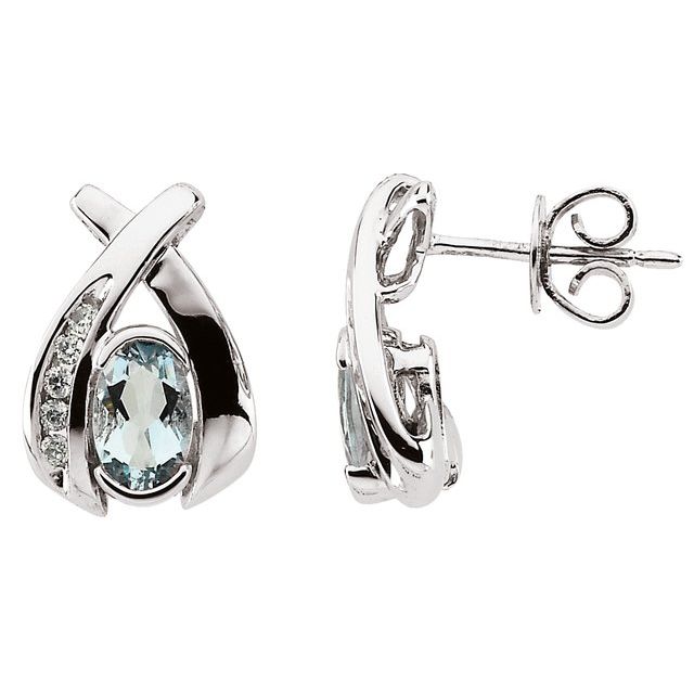 14K White Natural Aquamarine & 1/10 CTW Natural Diamond Earrings