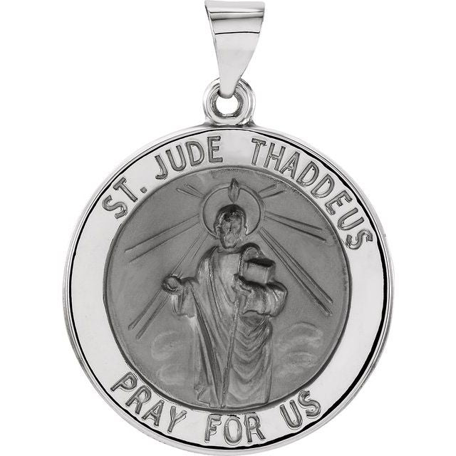 14K White 18 mm Hollow Round St. Jude Medal