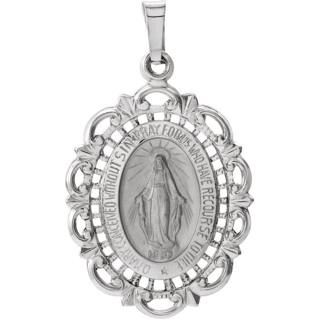 14K White 25x18 mm Oval Filigree Miraculous Medal