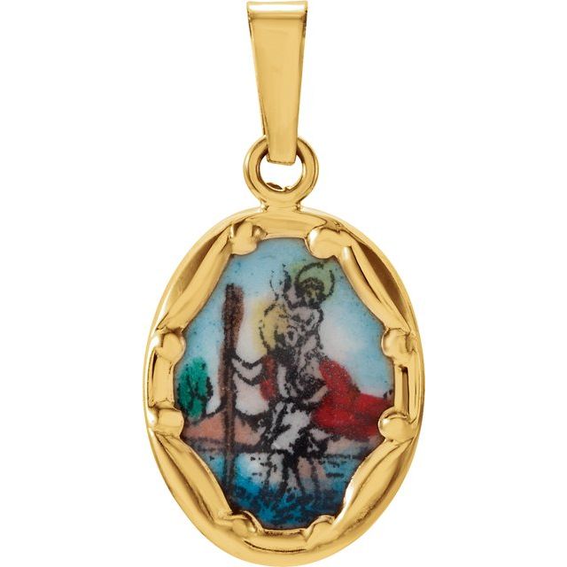 14K Yellow 13x10 mm St. Christopher Hand-Painted Porcelain Medal