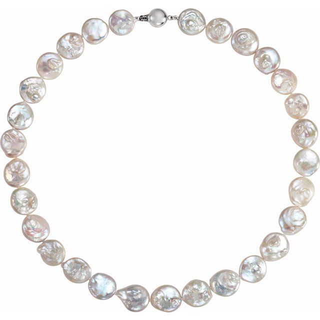 Sterling Silver 13-14 mm Cultured White Freshwater Pearl Coin  18' Necklace