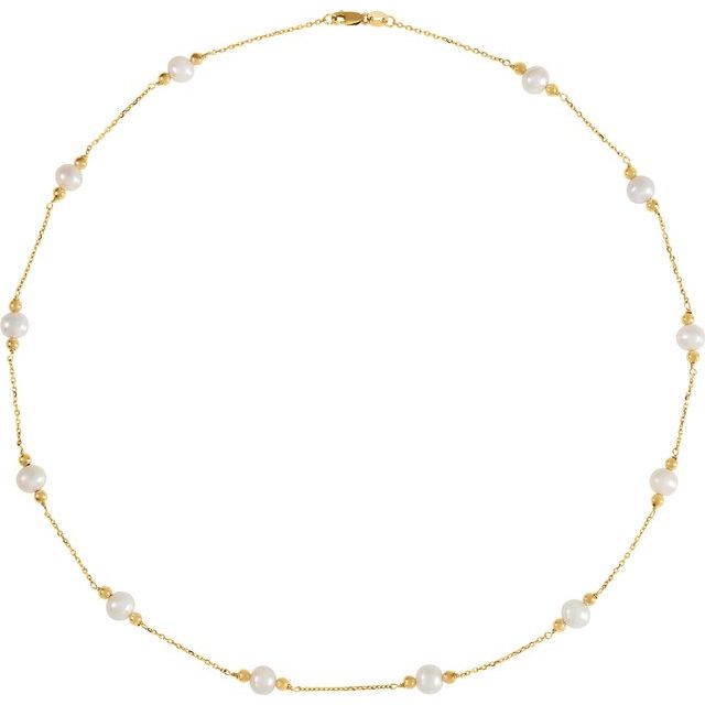 14K Yellow Cultured White Freshwater Pearl & Bead 12-Station 18' Necklace
