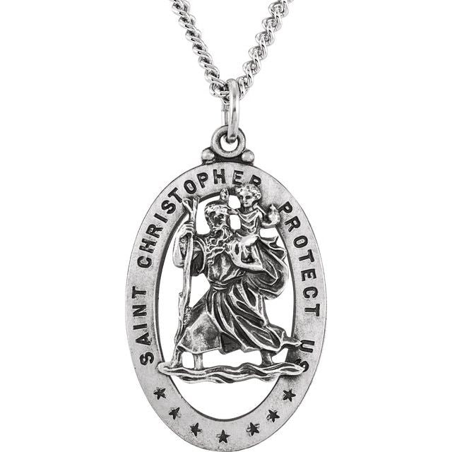 Sterling Silver 29x20 mm Oval St. Christopher Medal 24' Necklace