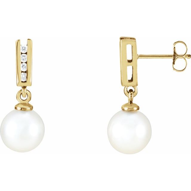 14K Yellow Cultured White Akoya Pearl & 1/8 CTW Natural Diamond Earrings