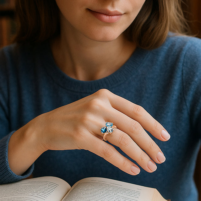 14k Rose Natural Swiss Blue, Natural London Blue, & Natural Sky Blue Topaz & .05 Ctw Natural Diamond Ring