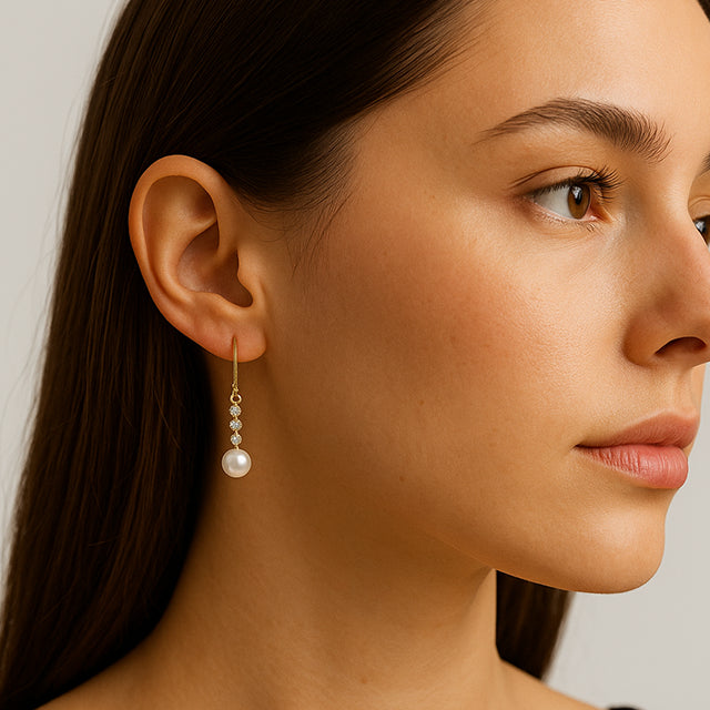 14k Yellow Cultured White Freshwater Pearl & 1/4 Ctw Natural Diamond Earrings