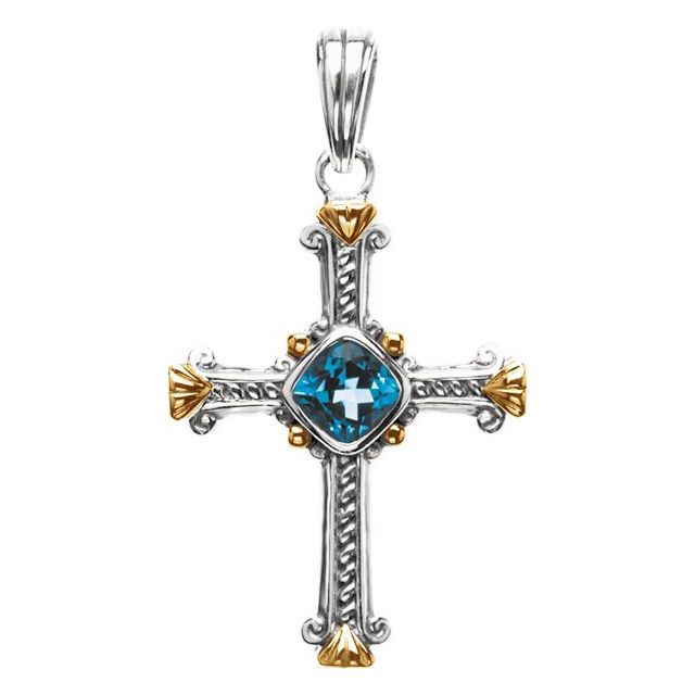 Sterling Silver & 14K Yellow Natural Swiss Blue Topaz Cross Pendant