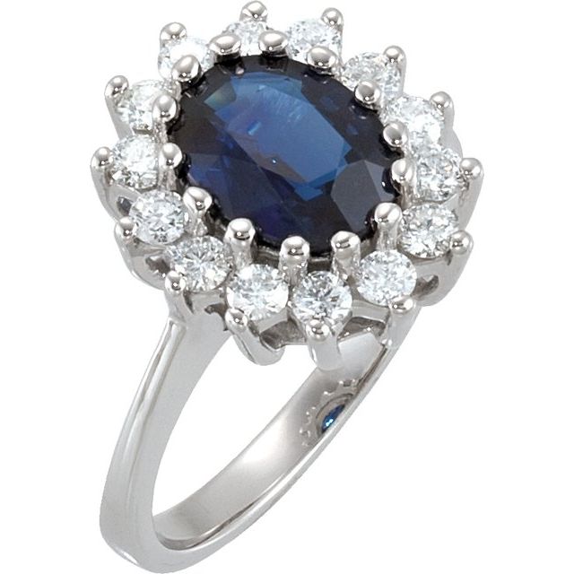 14K White Natural Blue Sapphire & 1/2 CTW Natural Diamond Halo-Style Ring