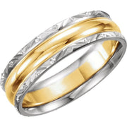 14K White/Yellow/White 6 mm Design-Engraved Band Size 8