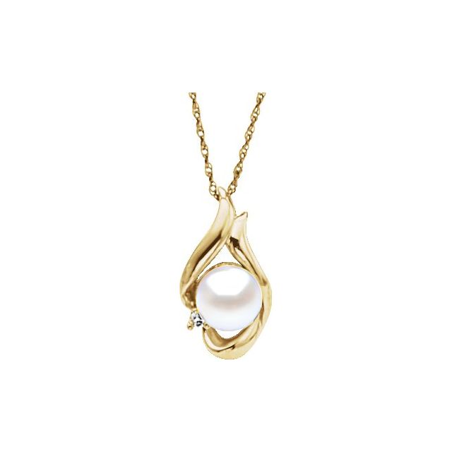 14K Yellow Cultured White Akoya Pearl & .025 CT Natural Diamond 18' Necklace