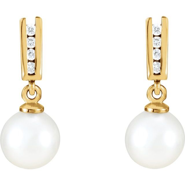 14K Yellow Cultured White Akoya Pearl & 1/8 CTW Natural Diamond Earrings