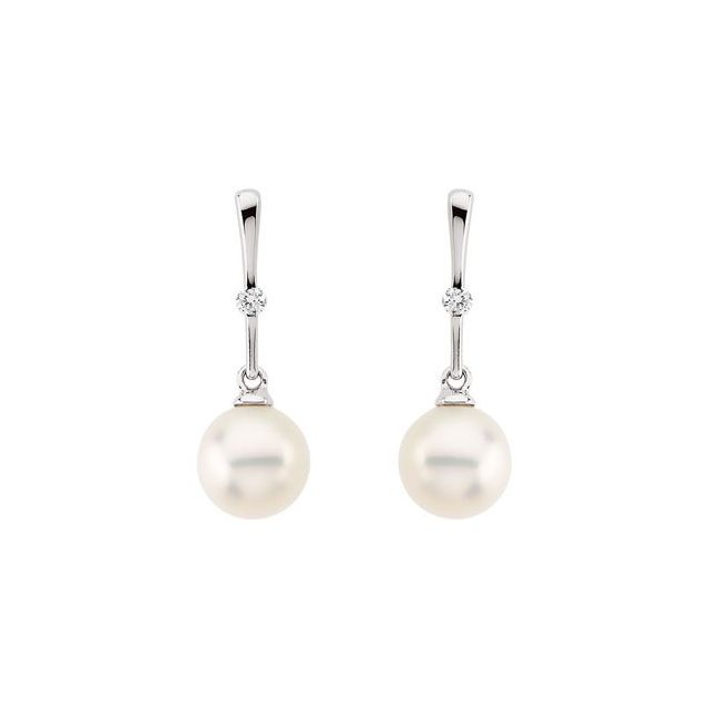 14K White Cultured White Freshwater Pearl & .06 CTW Natural Diamond Earrings