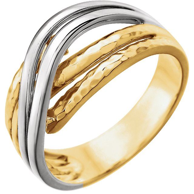 14k Yellow/white Rhodium-plated Criss-cross Hammered Ring